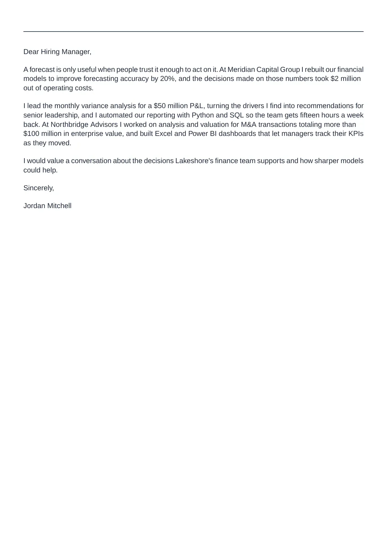 Financial Analyst cover letter sample