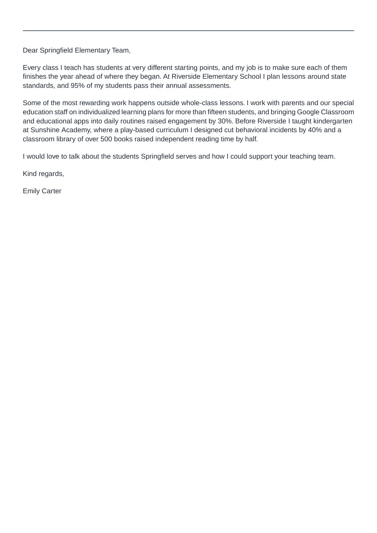 Teacher cover letter sample