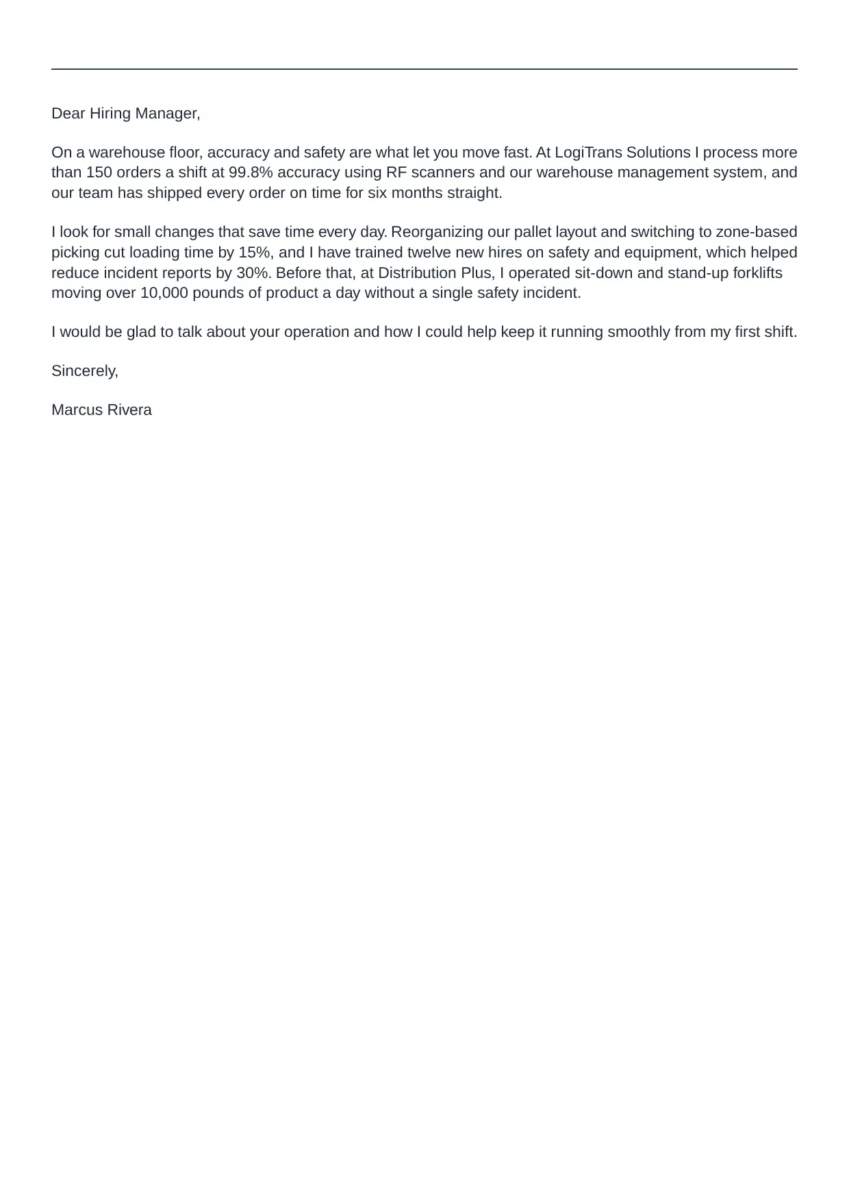 Warehouse Worker cover letter sample
