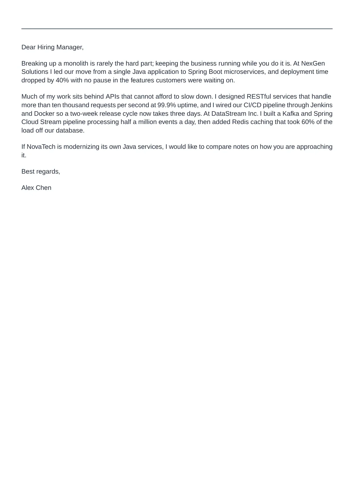 Java Developer cover letter sample