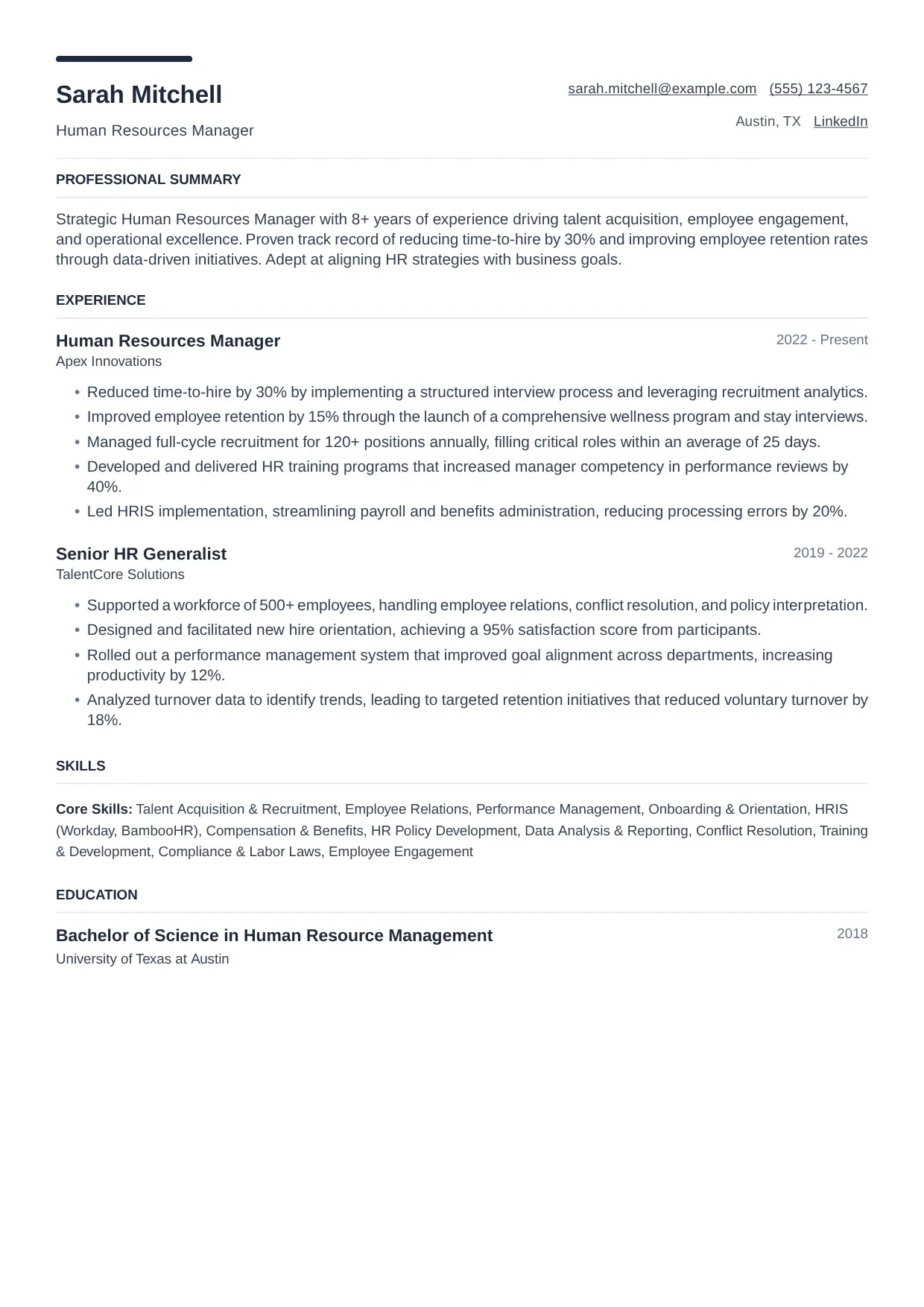 Human Resources Manager resume sample, Modern template