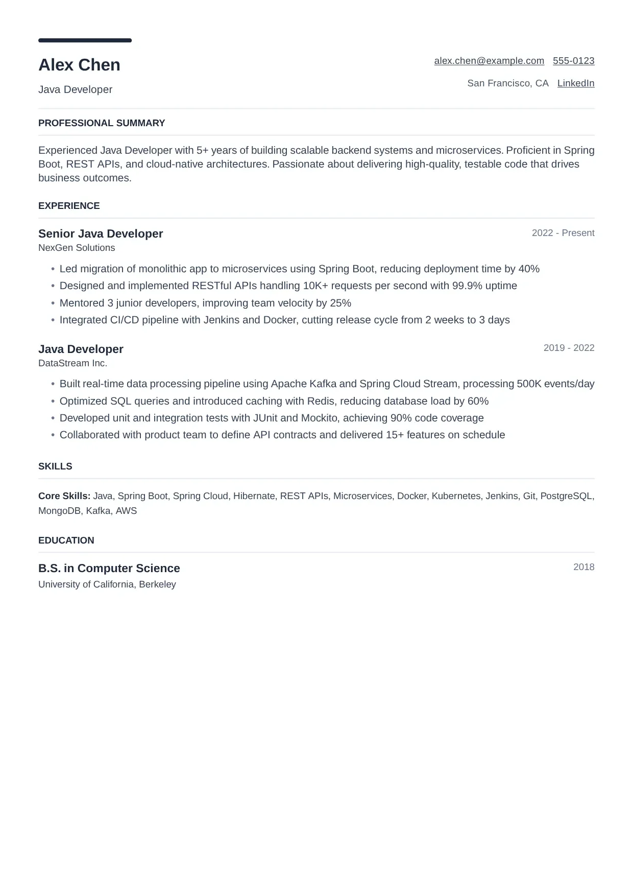 Java Developer resume sample, Modern template