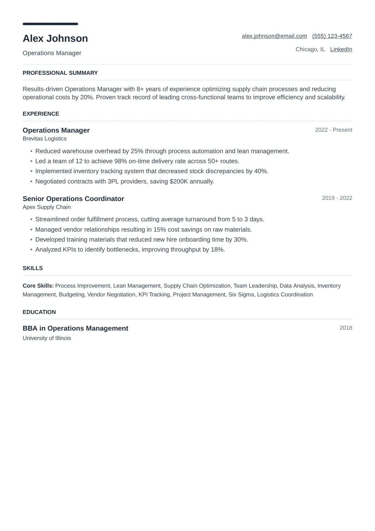 Operations Manager resume sample, Modern template