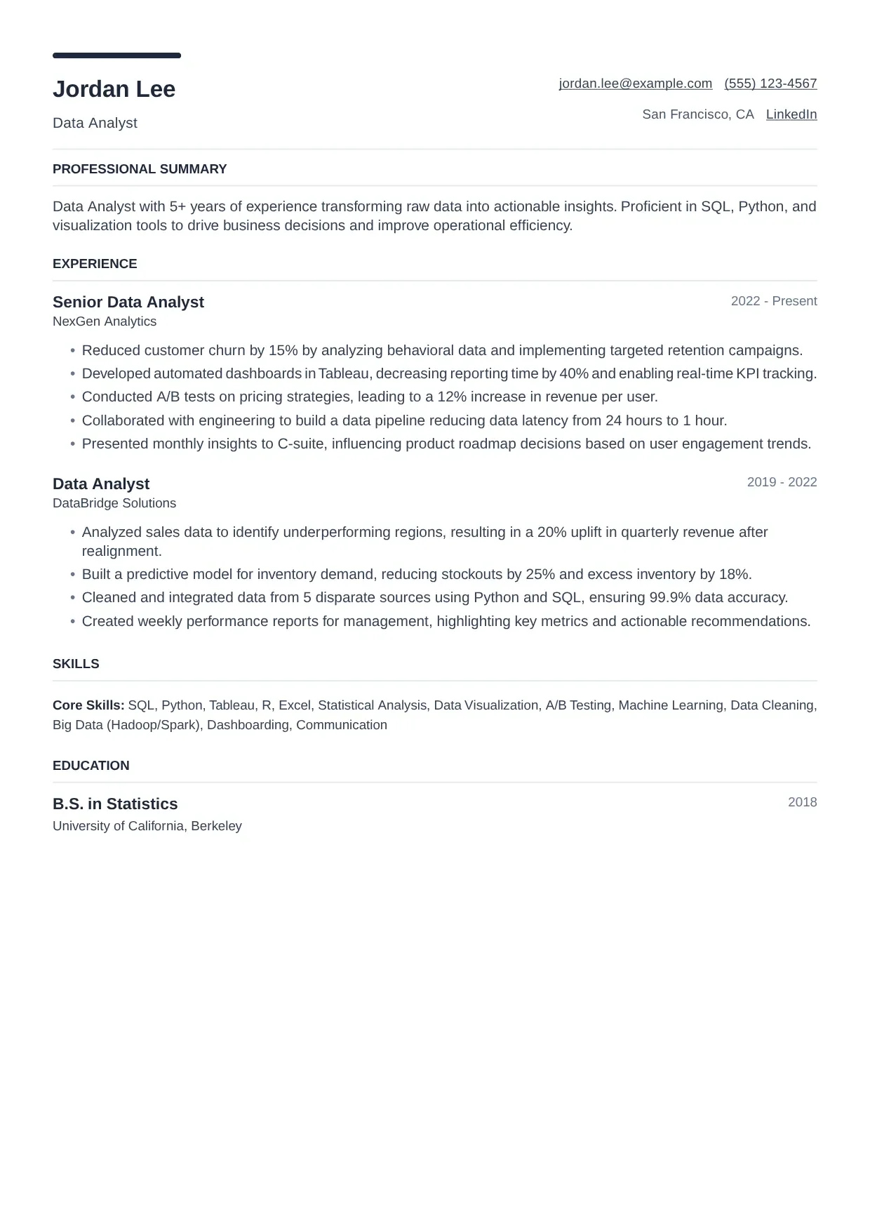 Data Analyst resume sample, Modern template