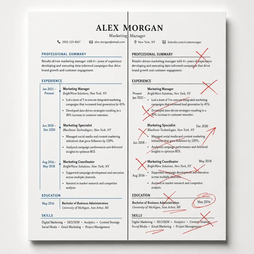 A side-by-side comparison of a resume section with consistent date formatting on the left and inconsistent formatting on the right. The left side looks clean and professional with blue highlights, while the right side is messy with red X marks. The composition is split vertically.