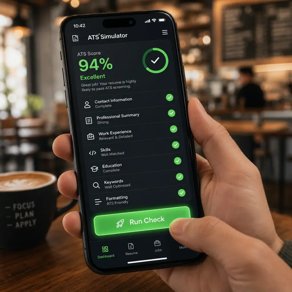 A smartphone screen displaying an ATS simulator tool, with check marks next to each section and a green score at the top. The user's thumb is hovering over the "Run Check" button. The background is a blurry image of a coffee shop, suggesting mobile usage.