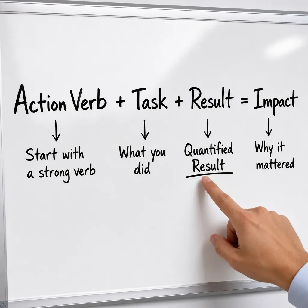 A close-up of a whiteboard with the 'Action Verb + Task + Result' formula written in marker. A hand is pointing to the 'Quantified Result' part. Bright lighting, clean board, minimal distractions.