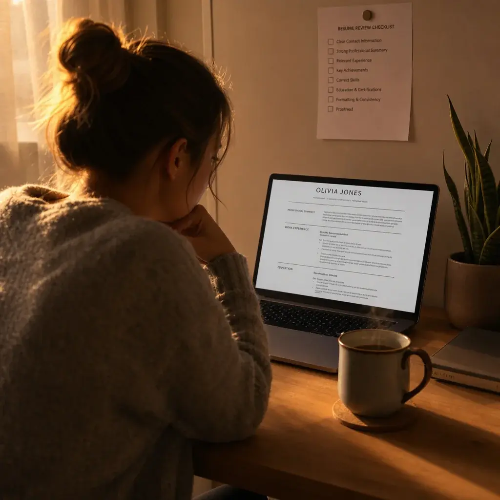 A person sitting at a laptop, reviewing a resume on screen with a checklist printout pinned above the monitor. The room has soft evening lighting, a mug of tea on the desk, and a plant in the corner. Comfortable, focused atmosphere.