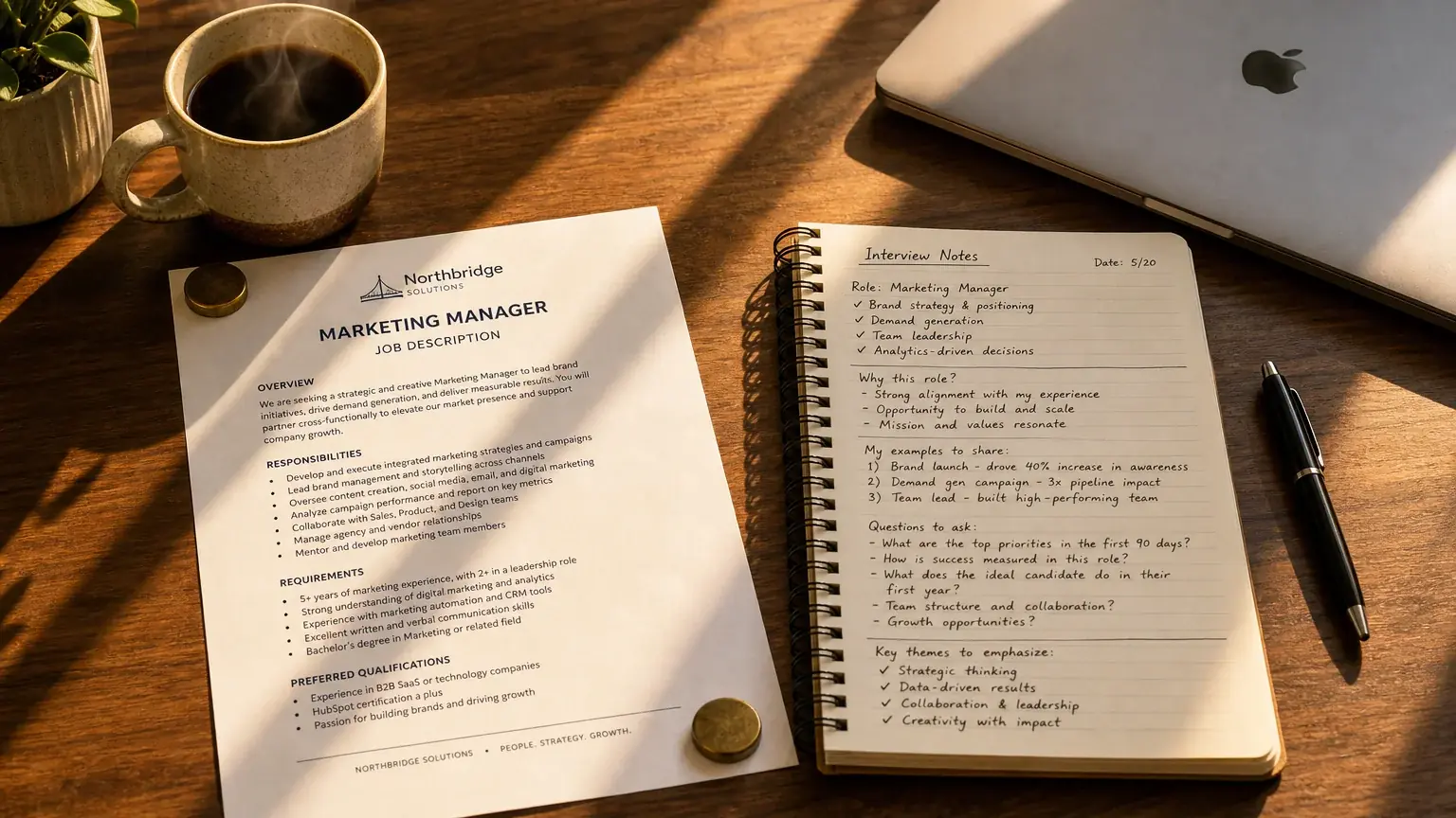 Printed job description on a desk beside handwritten interview prep notes and a laptop