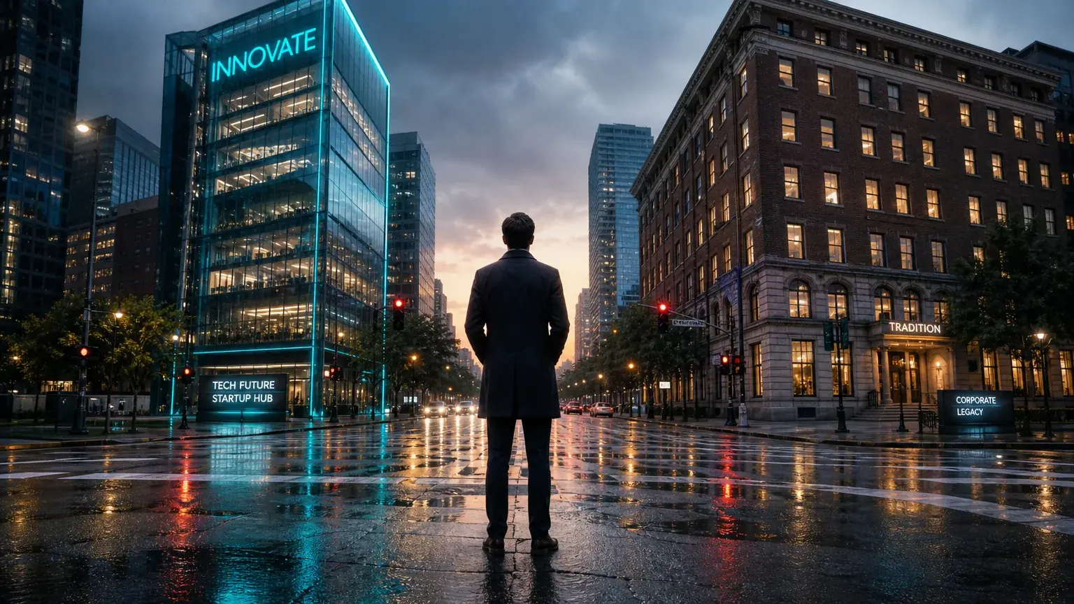 Person at a city crossroads choosing the path toward a new career
