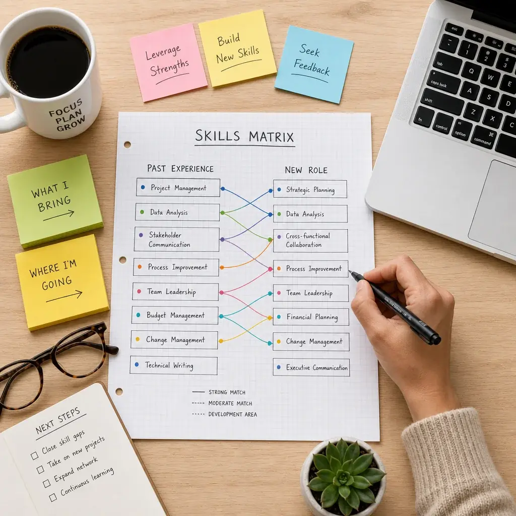 Desk with a skills matrix worksheet connecting past experience to new role requirements