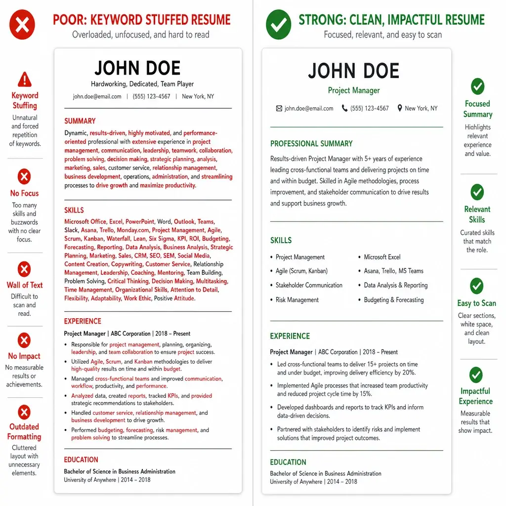 Side-by-side comparison of a keyword-stuffed resume and a clean, well-organized one