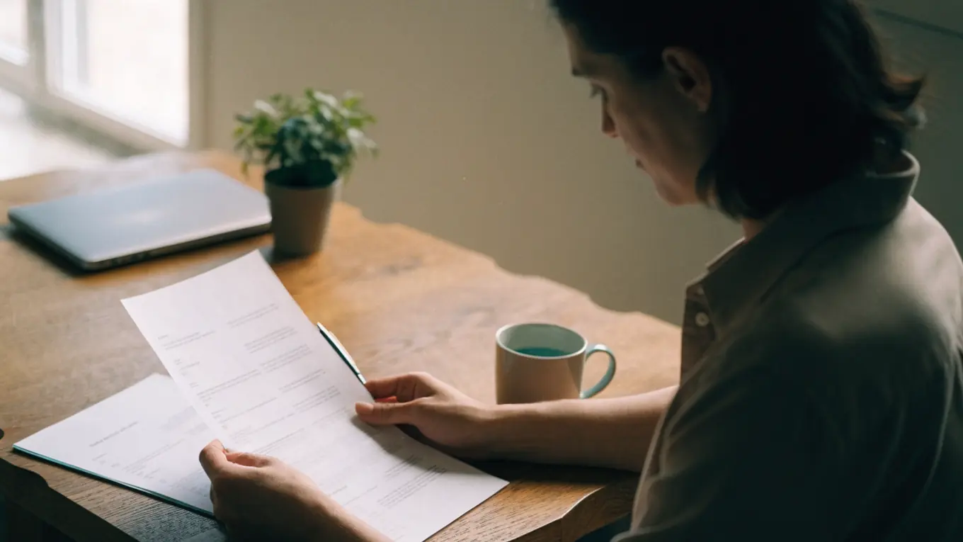A person reviews a printed resume at a tidy desk, pen in hand, with a second page nearby and soft daylight.